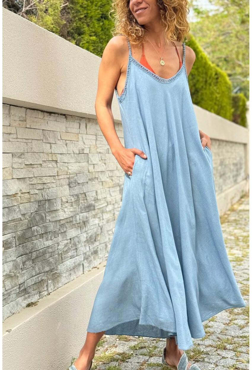 İtalyan İndigo Askılı Cepli Keten A-Form Fit Salaş Dokuma Elbise 100 65
