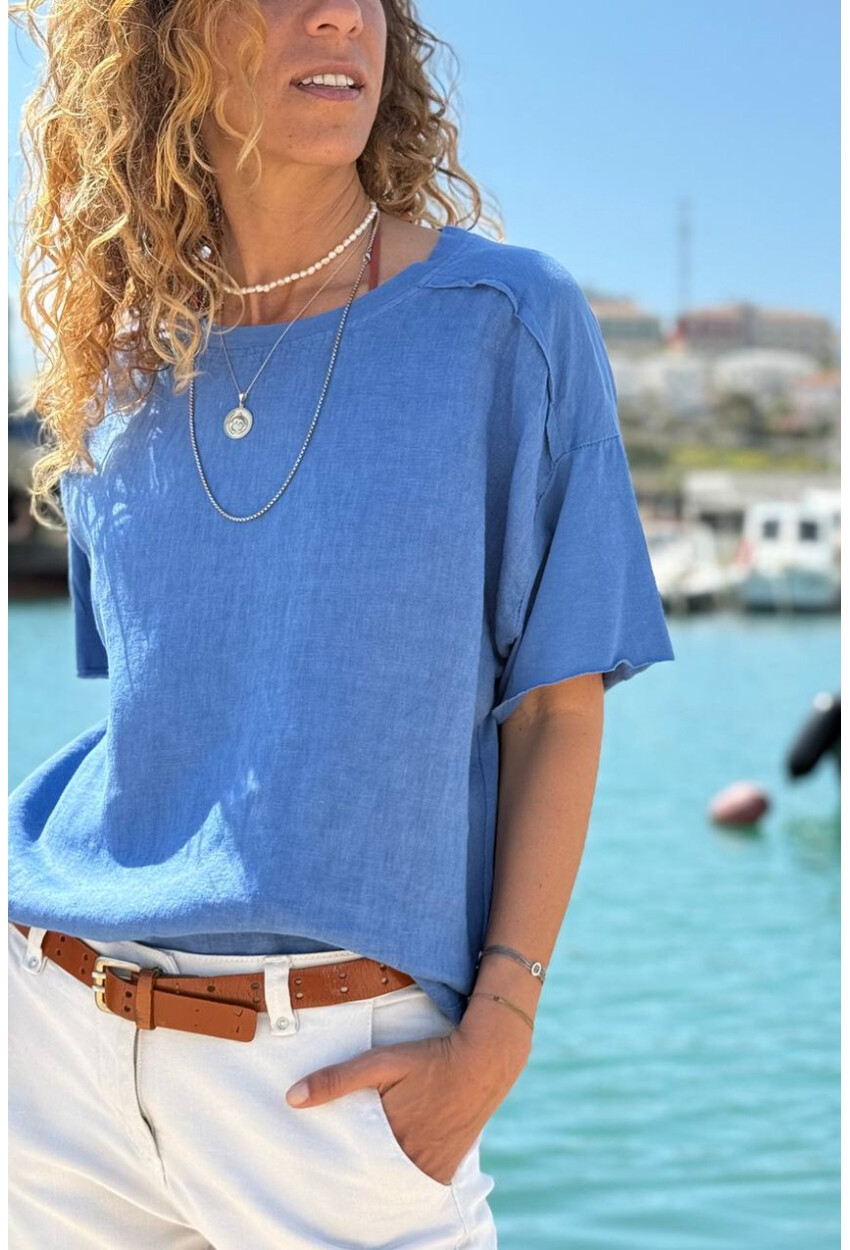 İtalyan İndigo Bisiklet Yaka Yıkamalı Örme Garnili Keten Karışımlı Salaş Dokuma Bluz 65 50