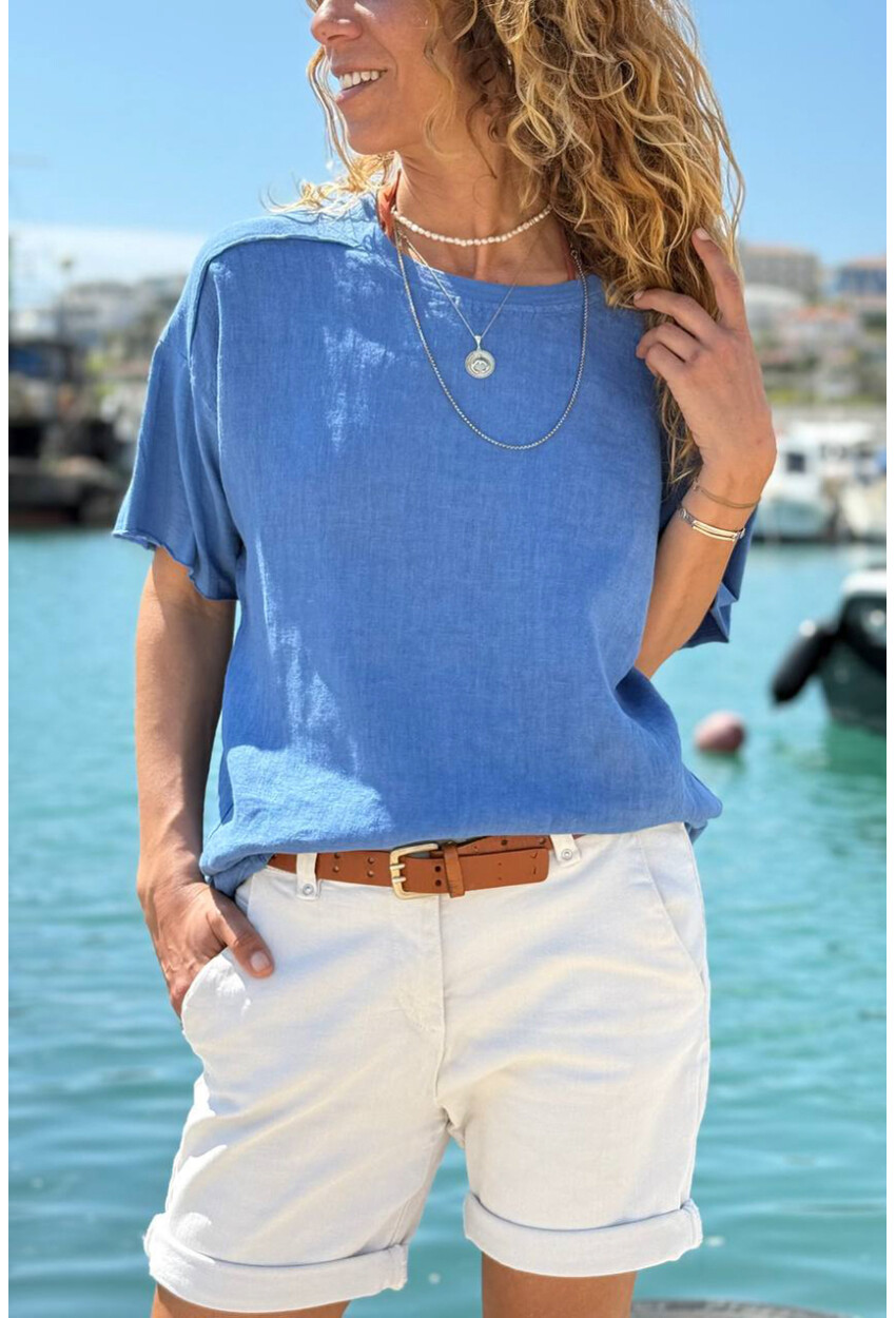 İtalyan İndigo Bisiklet Yaka Yıkamalı Örme Garnili Keten Karışımlı Salaş Dokuma Bluz 65 50