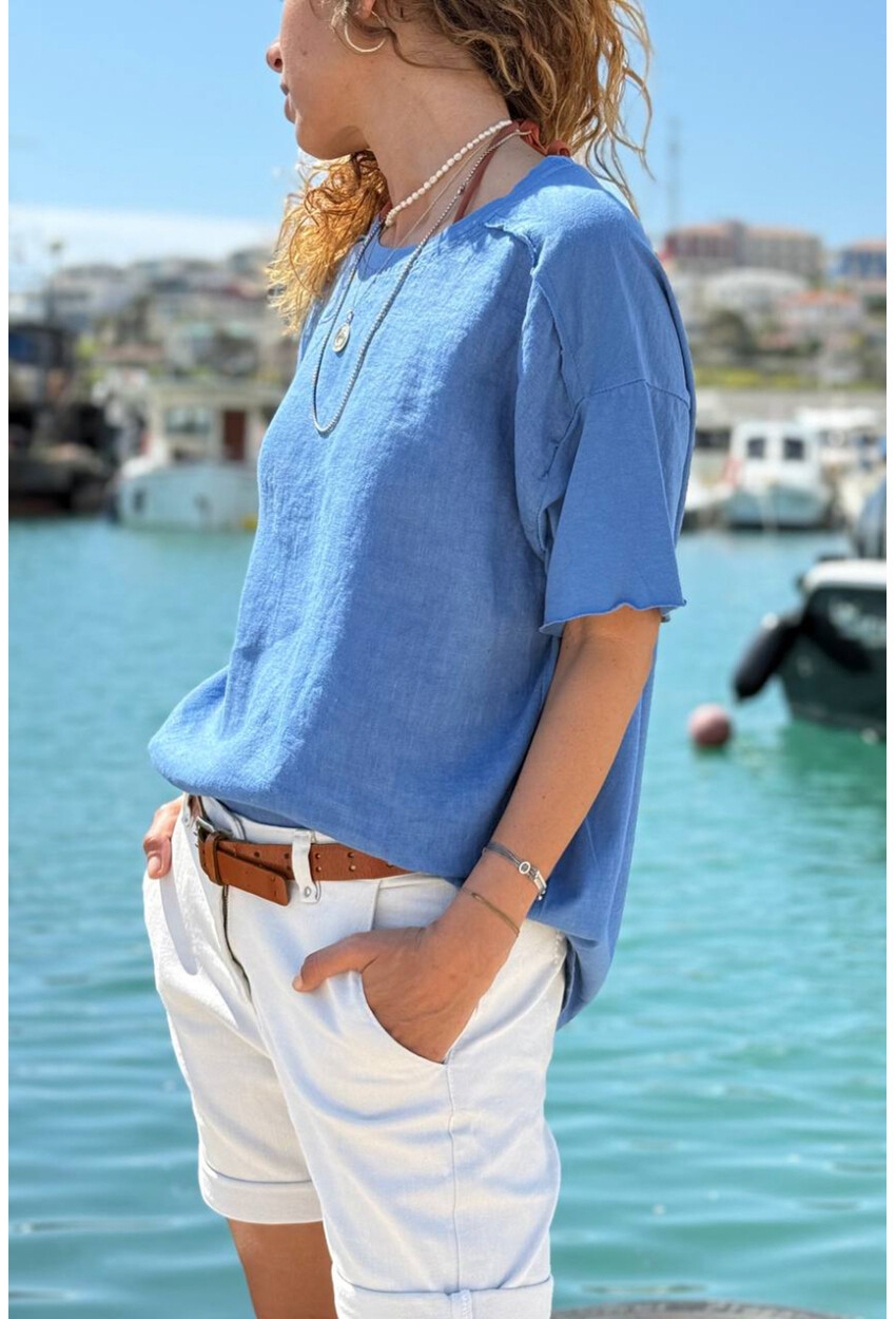 İtalyan İndigo Bisiklet Yaka Yıkamalı Örme Garnili Keten Karışımlı Salaş Dokuma Bluz 65 50