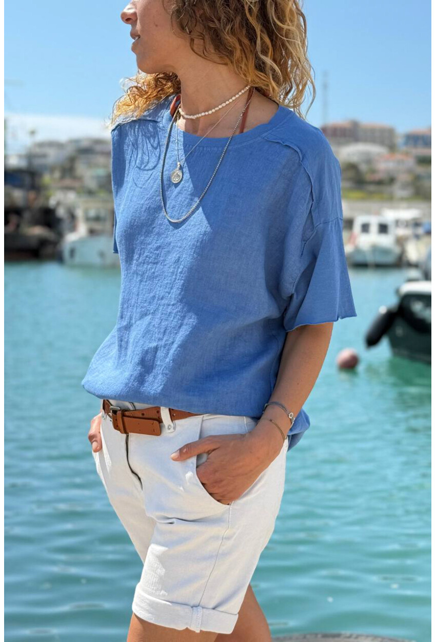 İtalyan İndigo Bisiklet Yaka Yıkamalı Örme Garnili Keten Karışımlı Salaş Dokuma Bluz 65 50