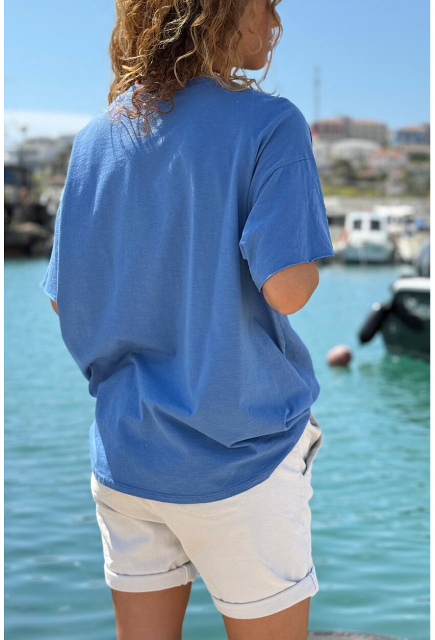 İtalyan İndigo Bisiklet Yaka Yıkamalı Örme Garnili Keten Karışımlı Salaş Dokuma Bluz 65 50