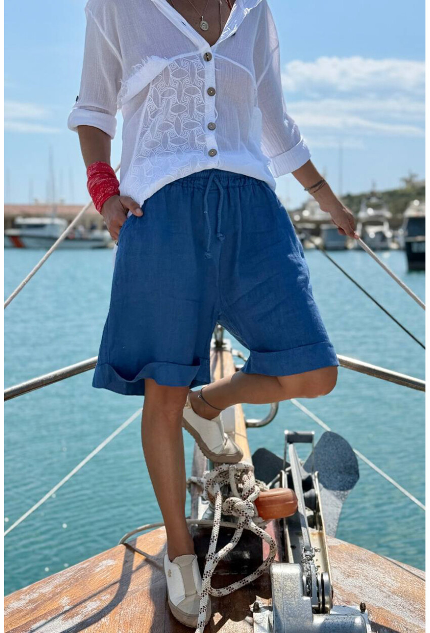 İtalyan İndigo Cepli Duble Paça Keten Salaş Dokuma Şort 55 35