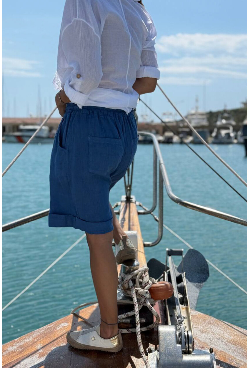 İtalyan İndigo Cepli Duble Paça Keten Salaş Dokuma Şort 55 35