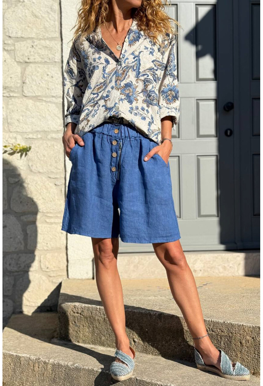 İtalyan İndigo Cepli Fermuarlı Lastikli Bel Keten Salaş Dokuma Şort 45 35