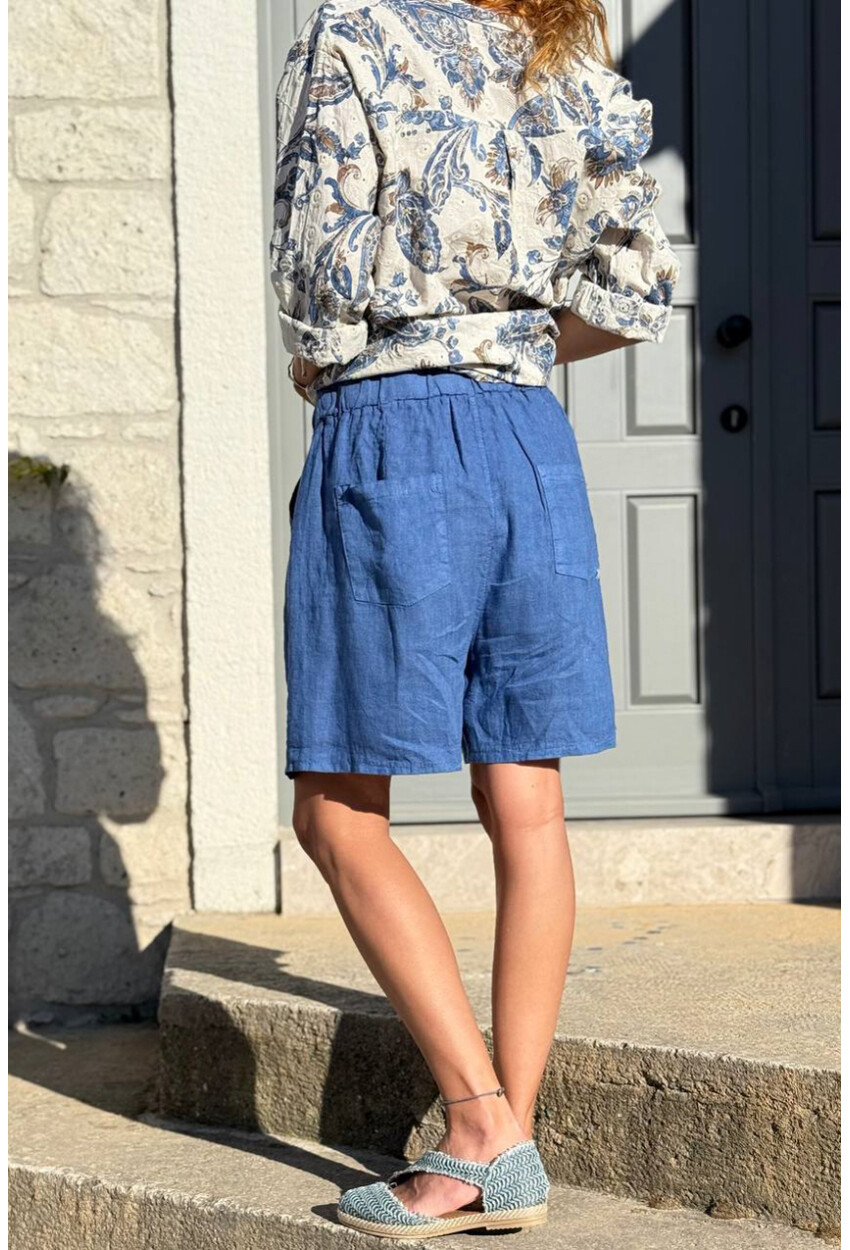 İtalyan İndigo Cepli Fermuarlı Lastikli Bel Keten Salaş Dokuma Şort 45 35