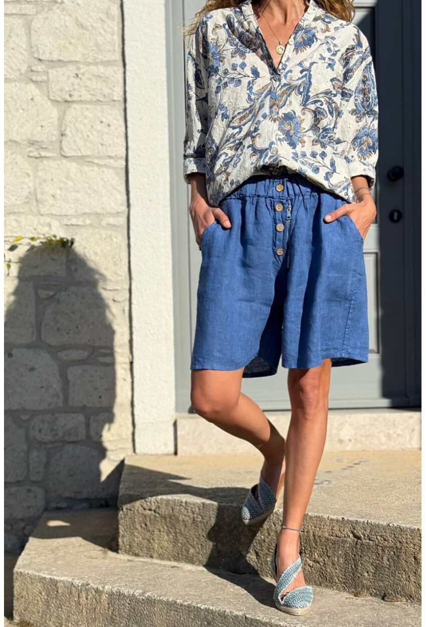 İtalyan İndigo Cepli Fermuarlı Lastikli Bel Keten Salaş Dokuma Şort 45 35