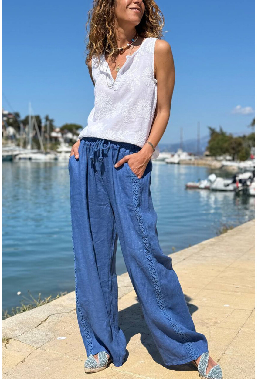 İtalyan İndigo Cepli Yanları Brodeli Lastikli Bel Bol Paça Keten Salaş Dokuma Pantolon 100 35