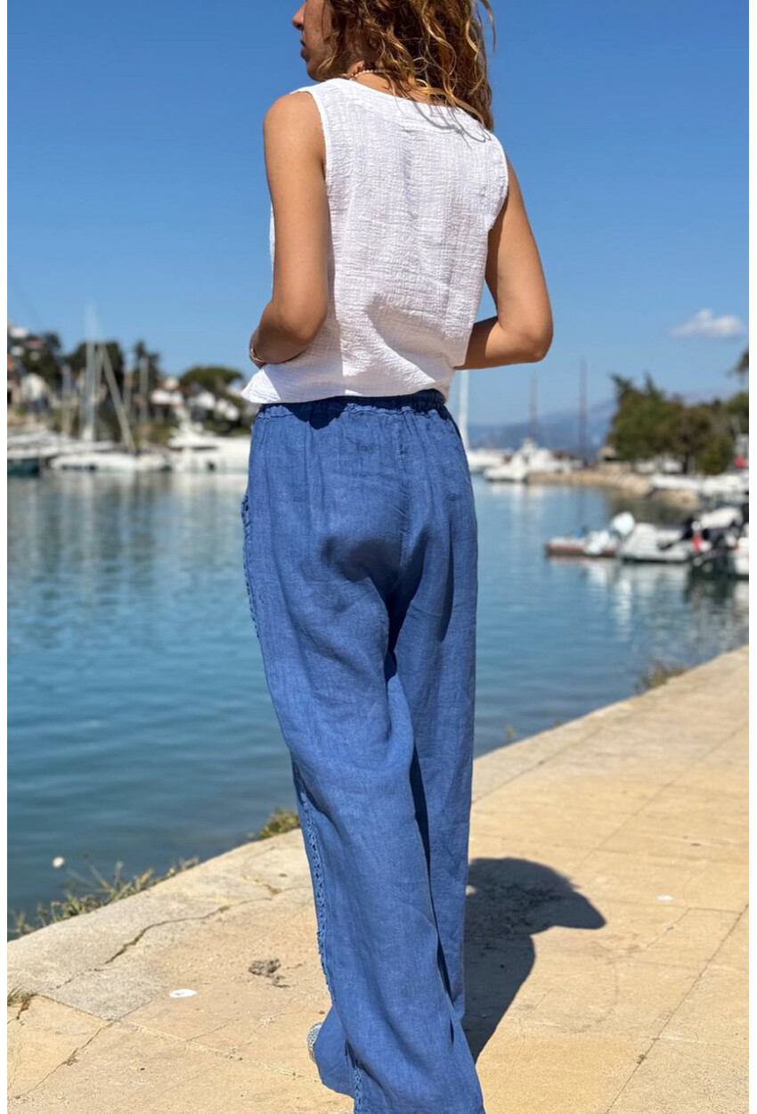 İtalyan İndigo Cepli Yanları Brodeli Lastikli Bel Bol Paça Keten Salaş Dokuma Pantolon 100 35