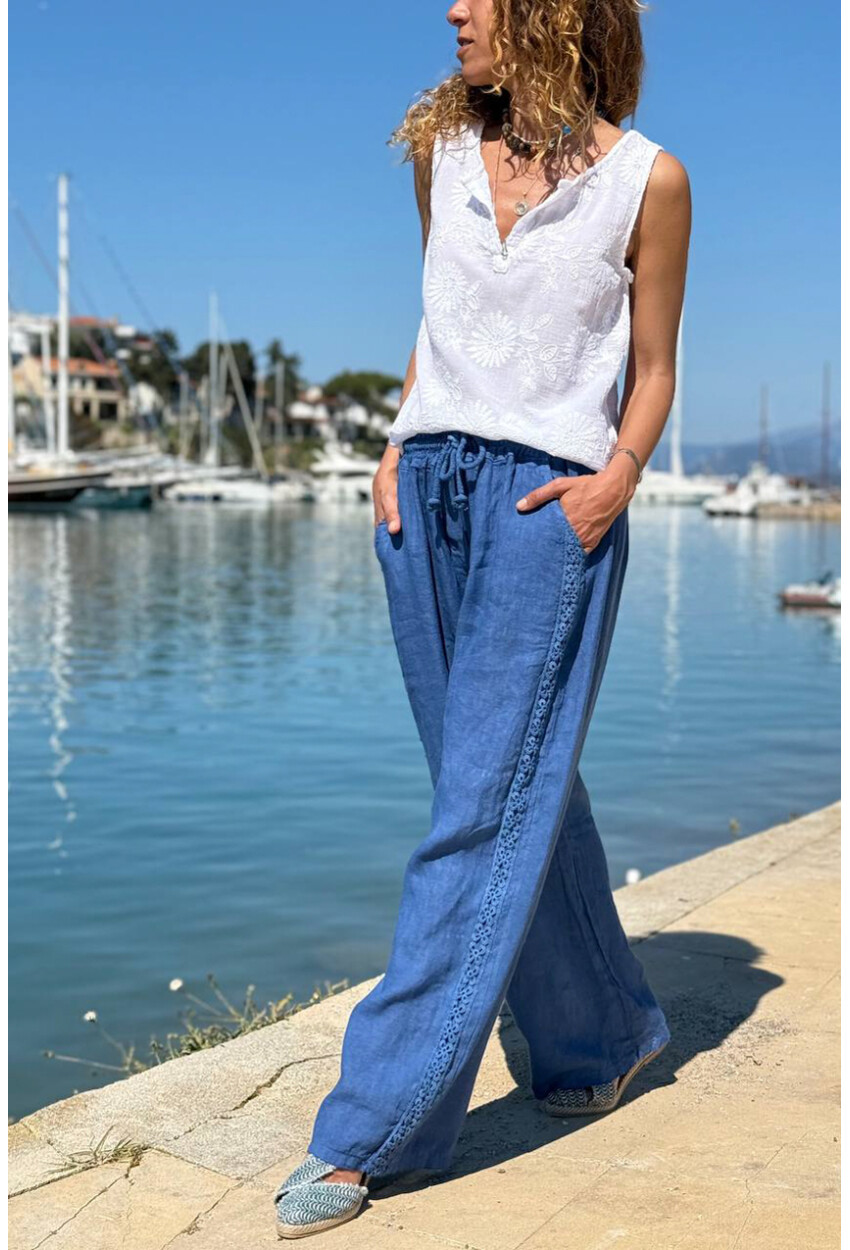 İtalyan İndigo Cepli Yanları Brodeli Lastikli Bel Bol Paça Keten Salaş Dokuma Pantolon 100 35