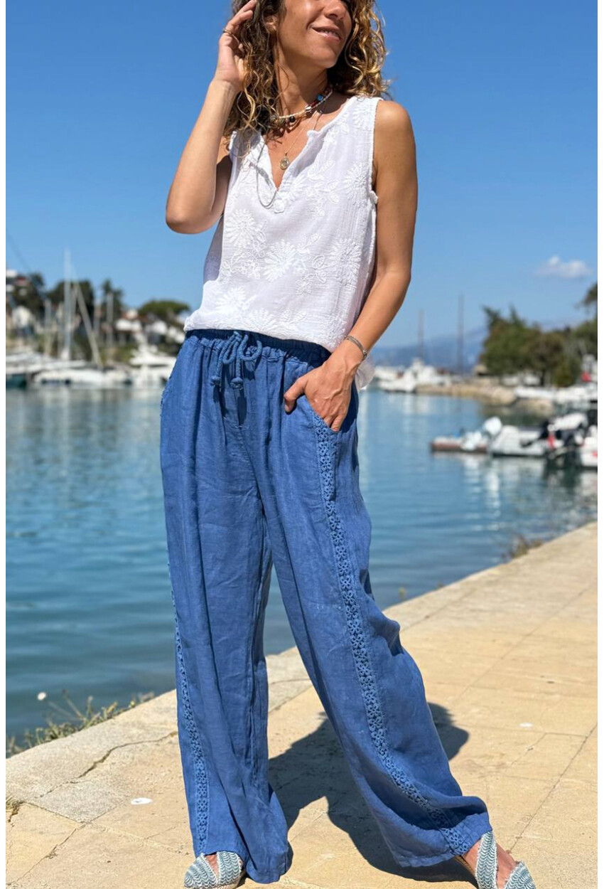 İtalyan İndigo Cepli Yanları Brodeli Lastikli Bel Bol Paça Keten Salaş Dokuma Pantolon 100 35