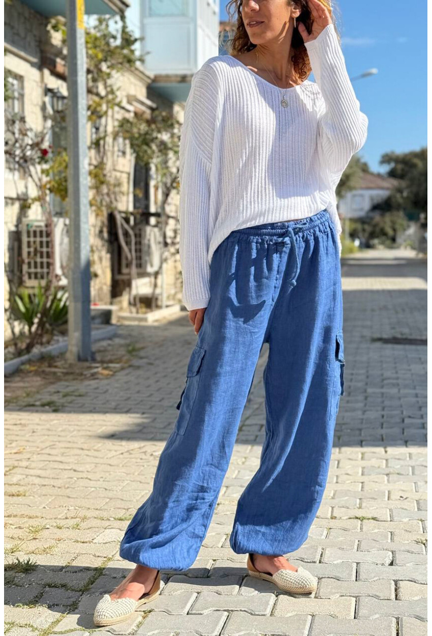 İtalyan İndigo Cepli Yanları Cepli Lastikli Paça Keten Salaş Dokuma Pantolon 100 35