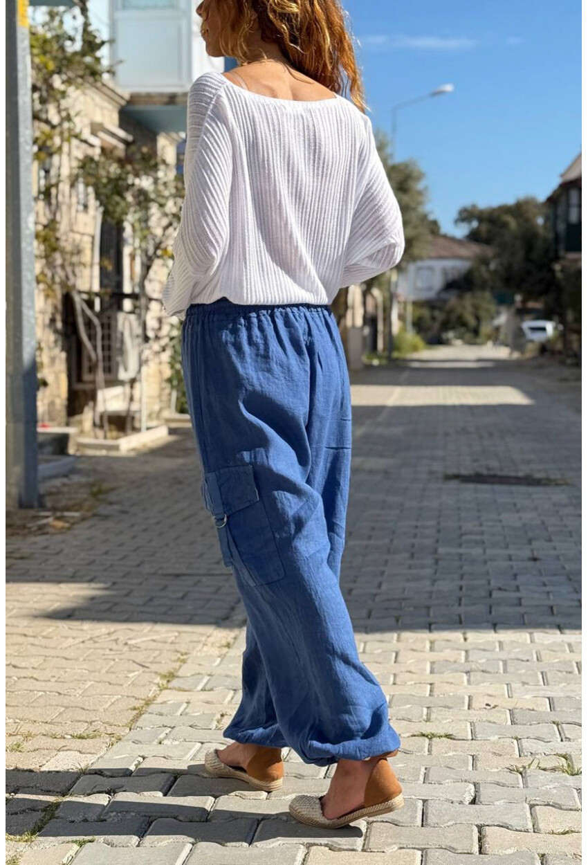 İtalyan İndigo Cepli Yanları Cepli Lastikli Paça Keten Salaş Dokuma Pantolon 100 35