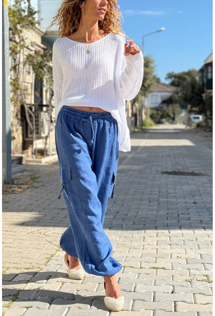 İtalyan İndigo Cepli Yanları Cepli Lastikli Paça Keten Salaş Dokuma Pantolon 100 35