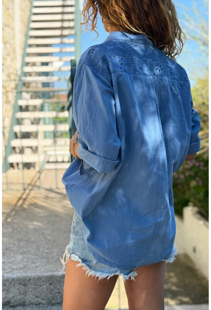 İtalyan İndigo Hakim Yaka Brodeli Pamuklu Salaş Dokuma Gömlek 70 55