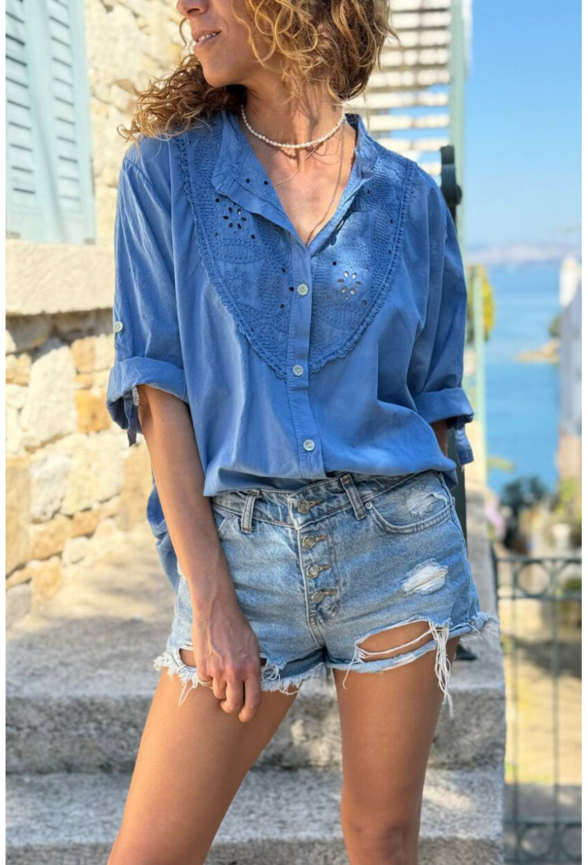 İtalyan İndigo Hakim Yaka Brodeli Pamuklu Salaş Dokuma Gömlek 70 55