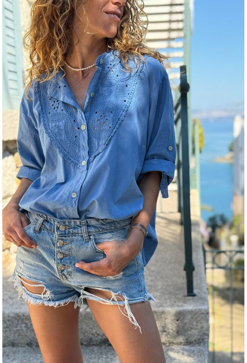 İtalyan İndigo Hakim Yaka Brodeli Pamuklu Salaş Dokuma Gömlek 70 55