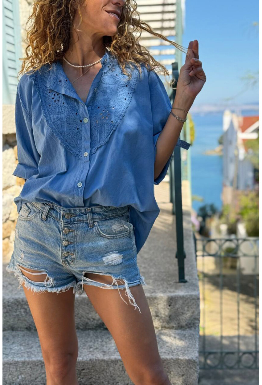 İtalyan İndigo Hakim Yaka Brodeli Pamuklu Salaş Dokuma Gömlek 70 55