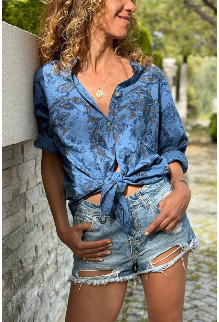 İtalyan İndigo Hakim Yaka Çiçekli Pamuklu Salaş Dokuma Gömlek 75 55