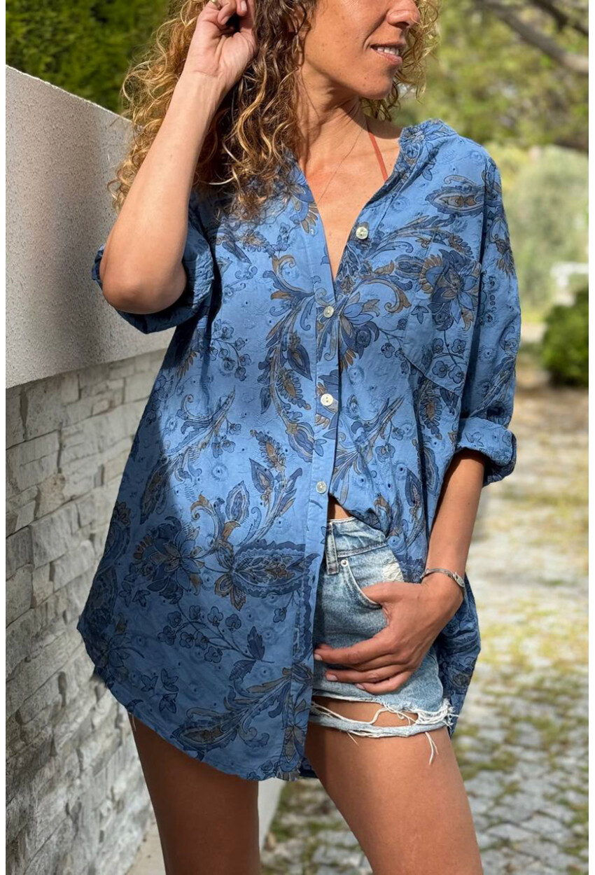 İtalyan İndigo Hakim Yaka Çiçekli Pamuklu Salaş Dokuma Gömlek 75 55