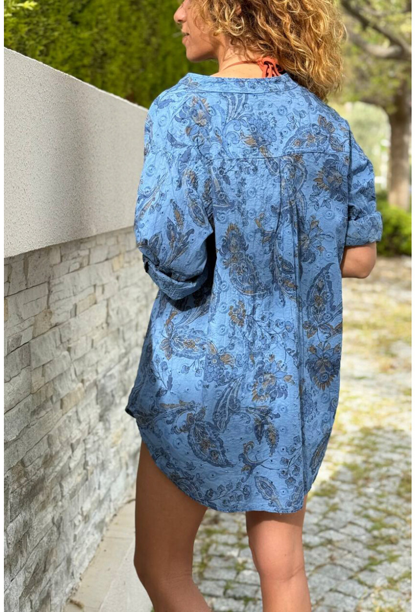 İtalyan İndigo Hakim Yaka Çiçekli Pamuklu Salaş Dokuma Gömlek 75 55