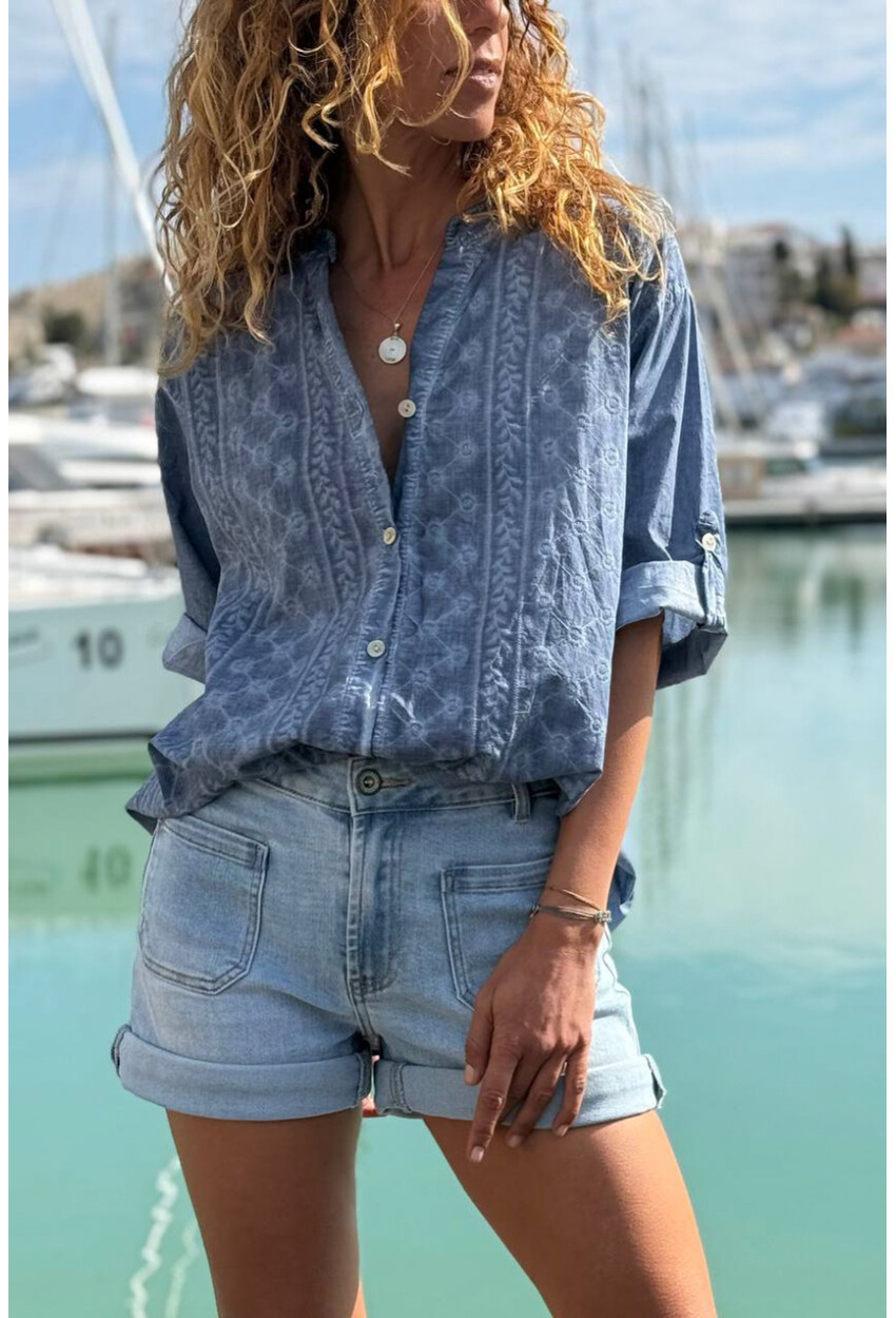 İtalyan İndigo Hakim Yaka Etnik Desenli Yıkamalı Pamuklu Salaş Dokuma Gömlek 75 55