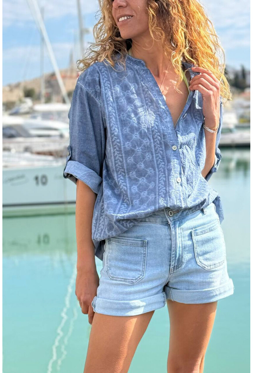 İtalyan İndigo Hakim Yaka Etnik Desenli Yıkamalı Pamuklu Salaş Dokuma Gömlek 75 55