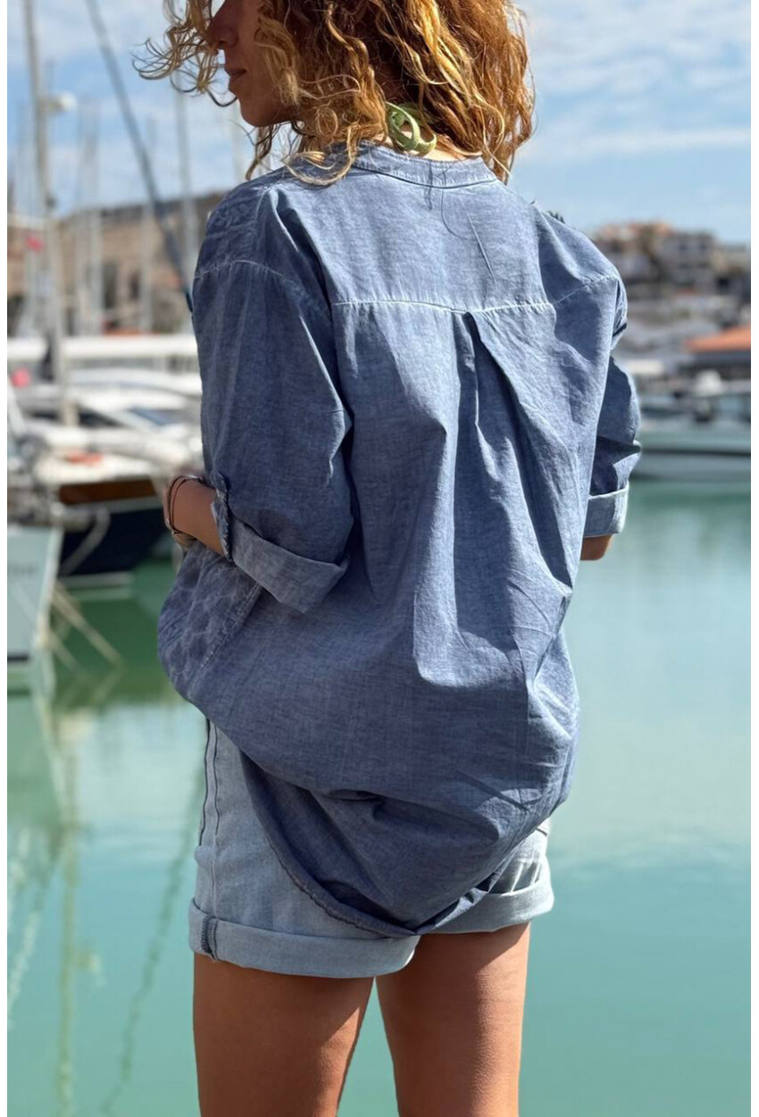 İtalyan İndigo Hakim Yaka Etnik Desenli Yıkamalı Pamuklu Salaş Dokuma Gömlek 75 55