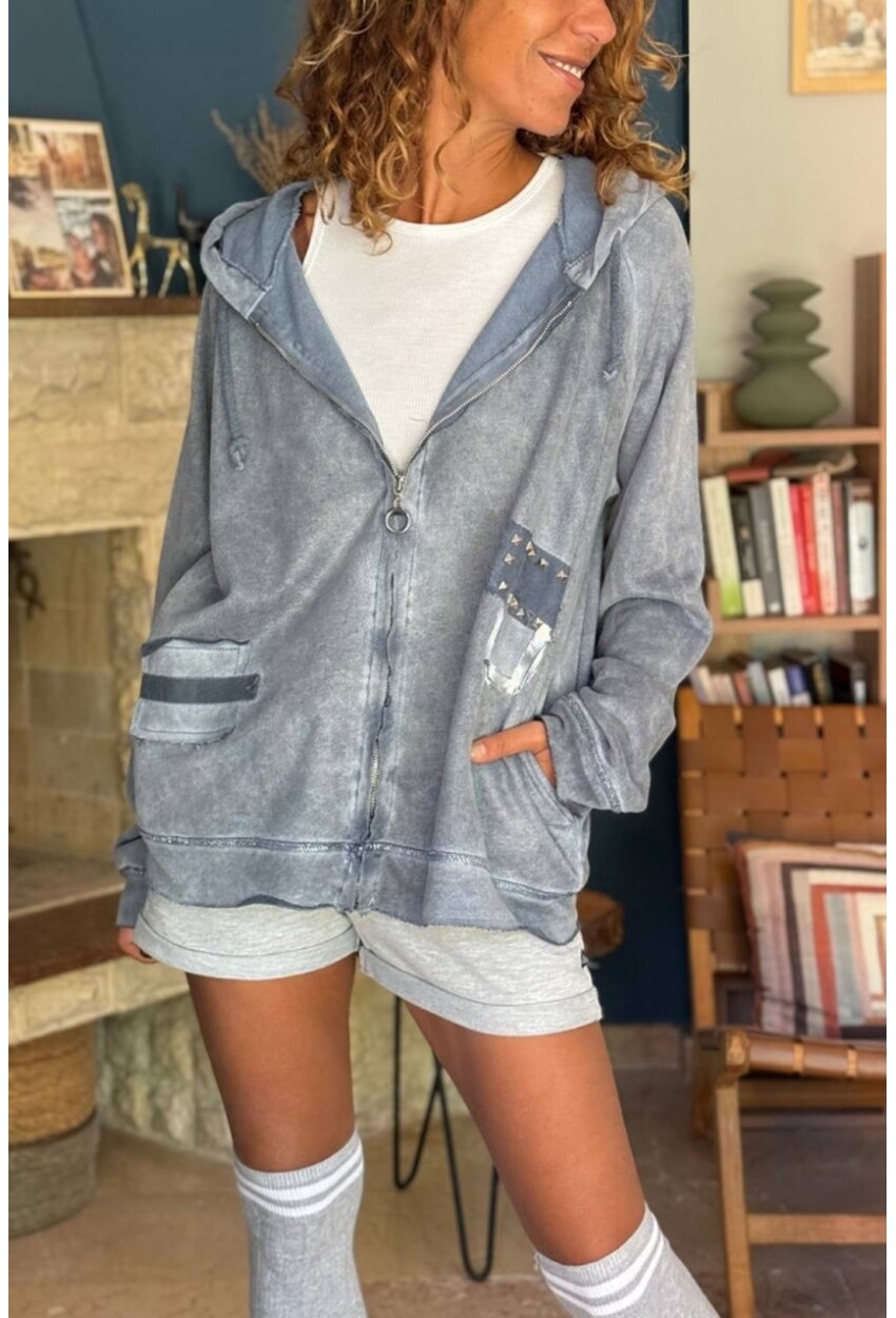 İtalyan İndigo Kapüşonlu Fermuarlı Yıkamalı Varak Baskılı Süet Salaş Sweatshirt 65 55