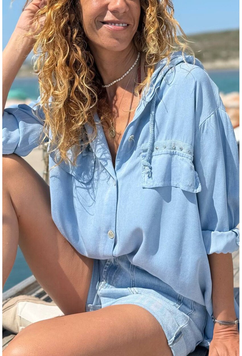 İtalyan İndigo Kapüşonlu Yıkamalı Zımbalı Cepli Pamuklu Salaş Dokuma Gömlek 75 55