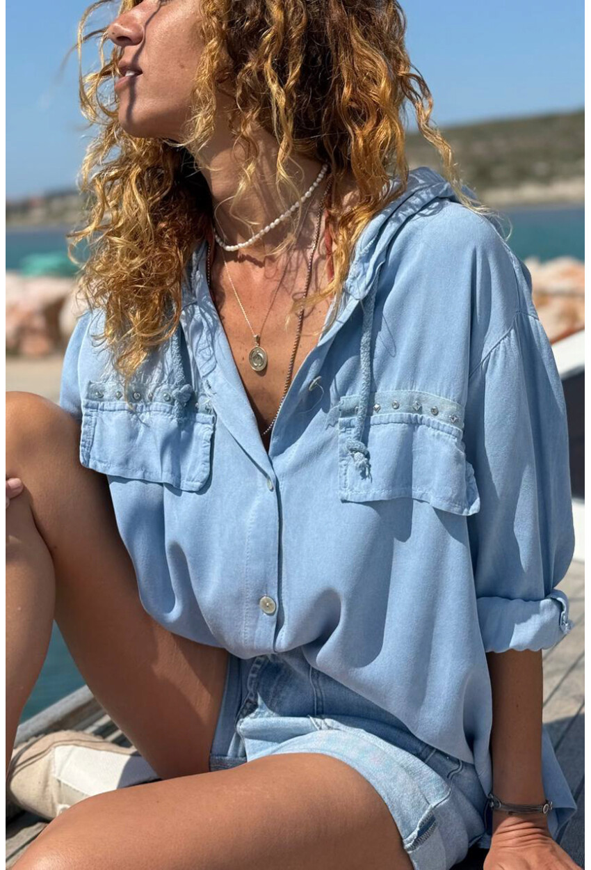 İtalyan İndigo Kapüşonlu Yıkamalı Zımbalı Cepli Pamuklu Salaş Dokuma Gömlek 75 55