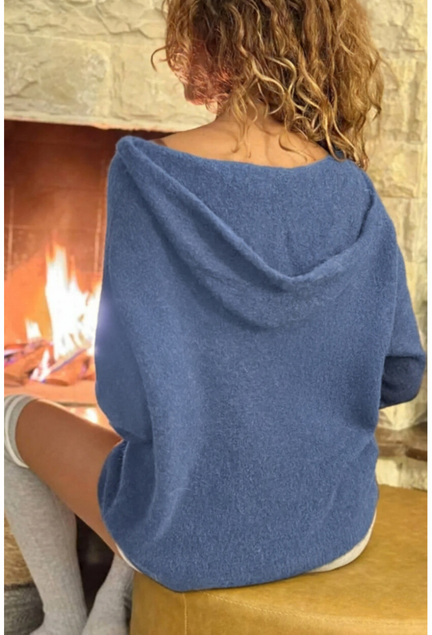 İtalyan İndigo Kapüşonlu Yumuşak Dokulu Alpaka Salaş Kazak 60 55