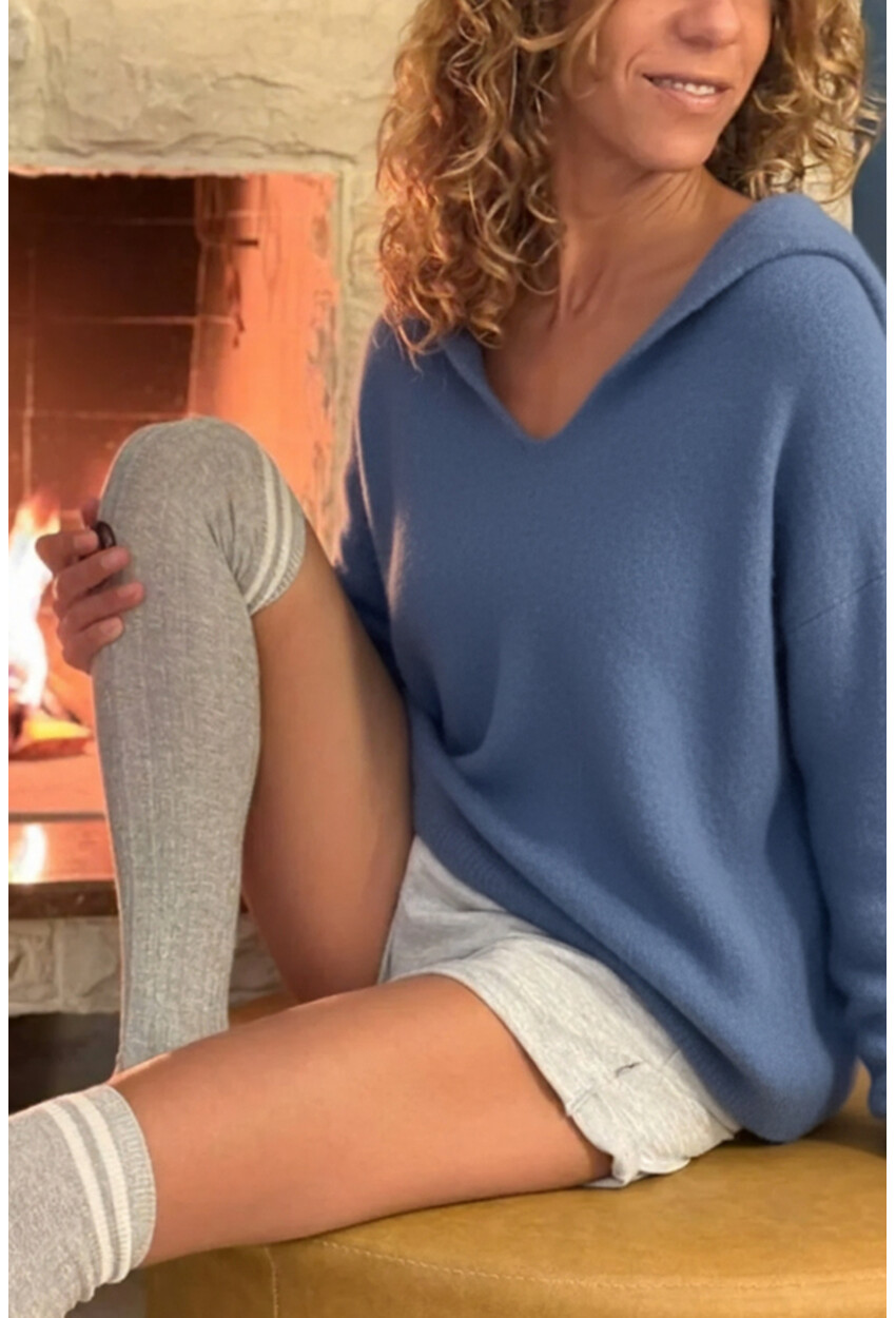 İtalyan İndigo Kapüşonlu Yumuşak Dokulu Alpaka Salaş Kazak 60 55