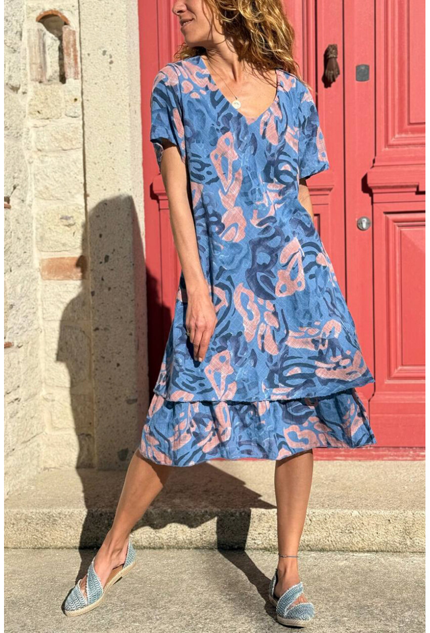 İtalyan İndigo Kayık Yaka Etnik Desenli Yıkamalı Eteği Çift Kat Pamuklu Dokuma Elbise 100 45