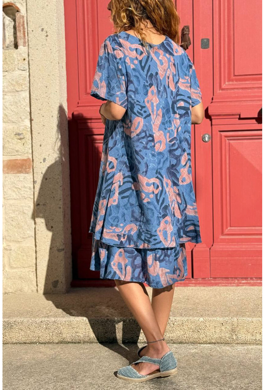 İtalyan İndigo Kayık Yaka Etnik Desenli Yıkamalı Eteği Çift Kat Pamuklu Dokuma Elbise 100 45