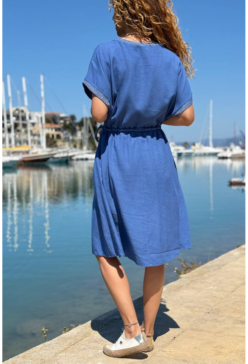 İtalyan İndigo V Yaka Cepli Sim Garnili Lastikli Bel Salaş Dokuma Elbise 100 50