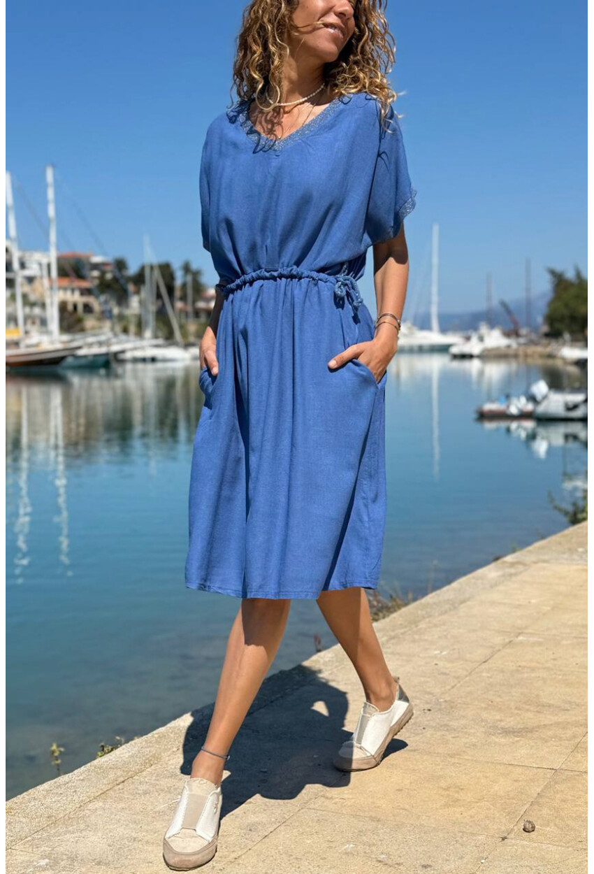 İtalyan İndigo V Yaka Cepli Sim Garnili Lastikli Bel Salaş Dokuma Elbise 100 50