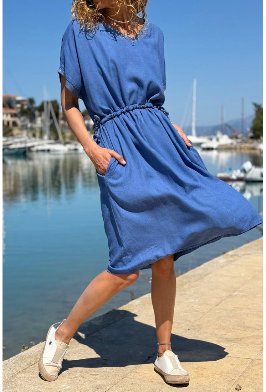 İtalyan İndigo V Yaka Cepli Sim Garnili Lastikli Bel Salaş Dokuma Elbise 100 50