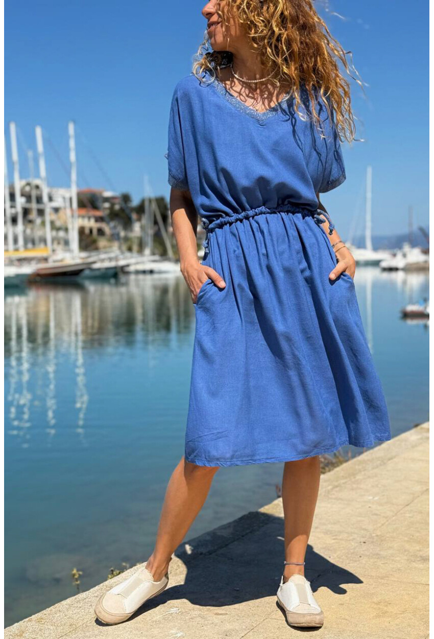 İtalyan İndigo V Yaka Cepli Sim Garnili Lastikli Bel Salaş Dokuma Elbise 100 50