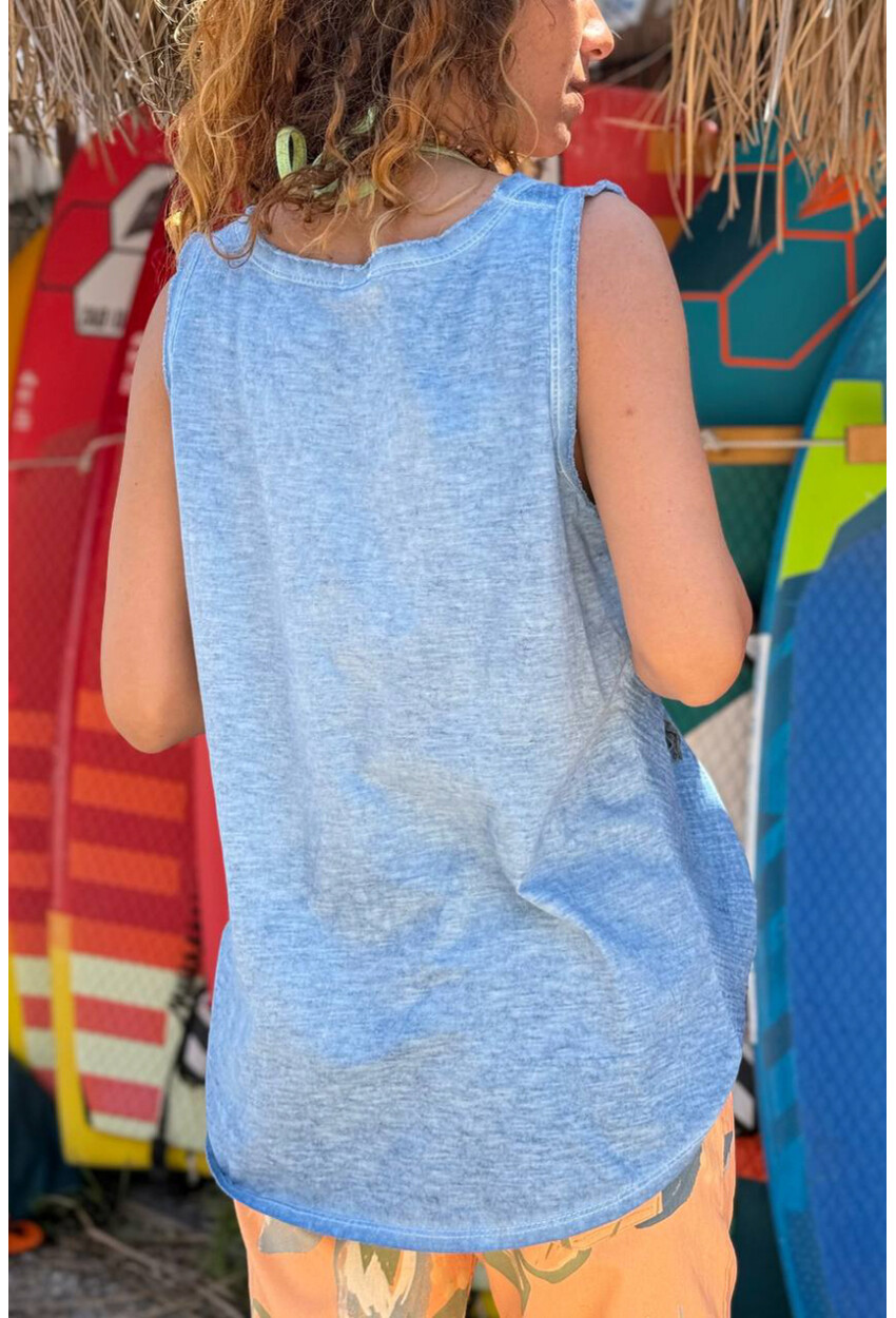 İtalyan İndigo V Yaka Yıkamalı Pis Dikişli Pamuklu Salaş Dokuma Bluz 70 50