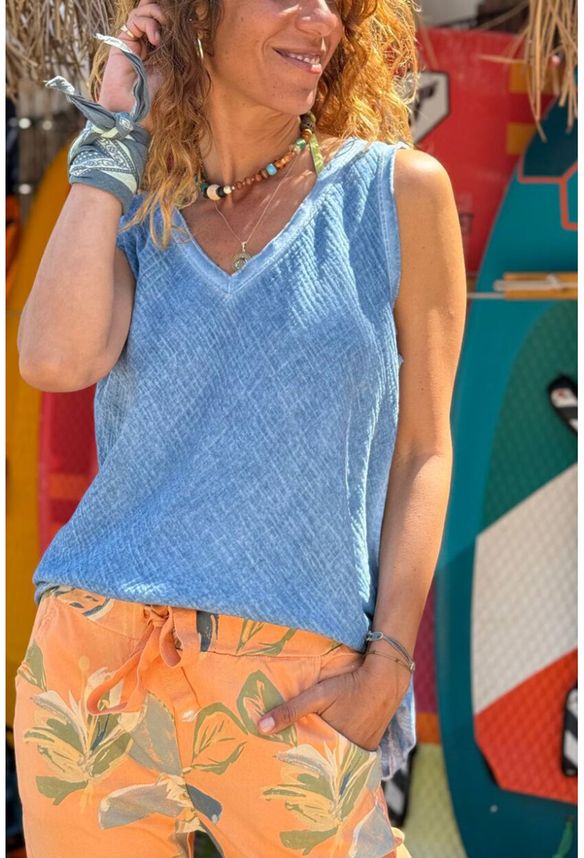 İtalyan İndigo V Yaka Yıkamalı Pis Dikişli Pamuklu Salaş Dokuma Bluz 70 50