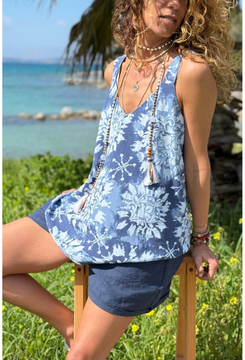 İtalyan Lacivert Askılı Desenli Yumuşak Dokulu A-Form Fit Salaş Dokuma Bluz 65 50