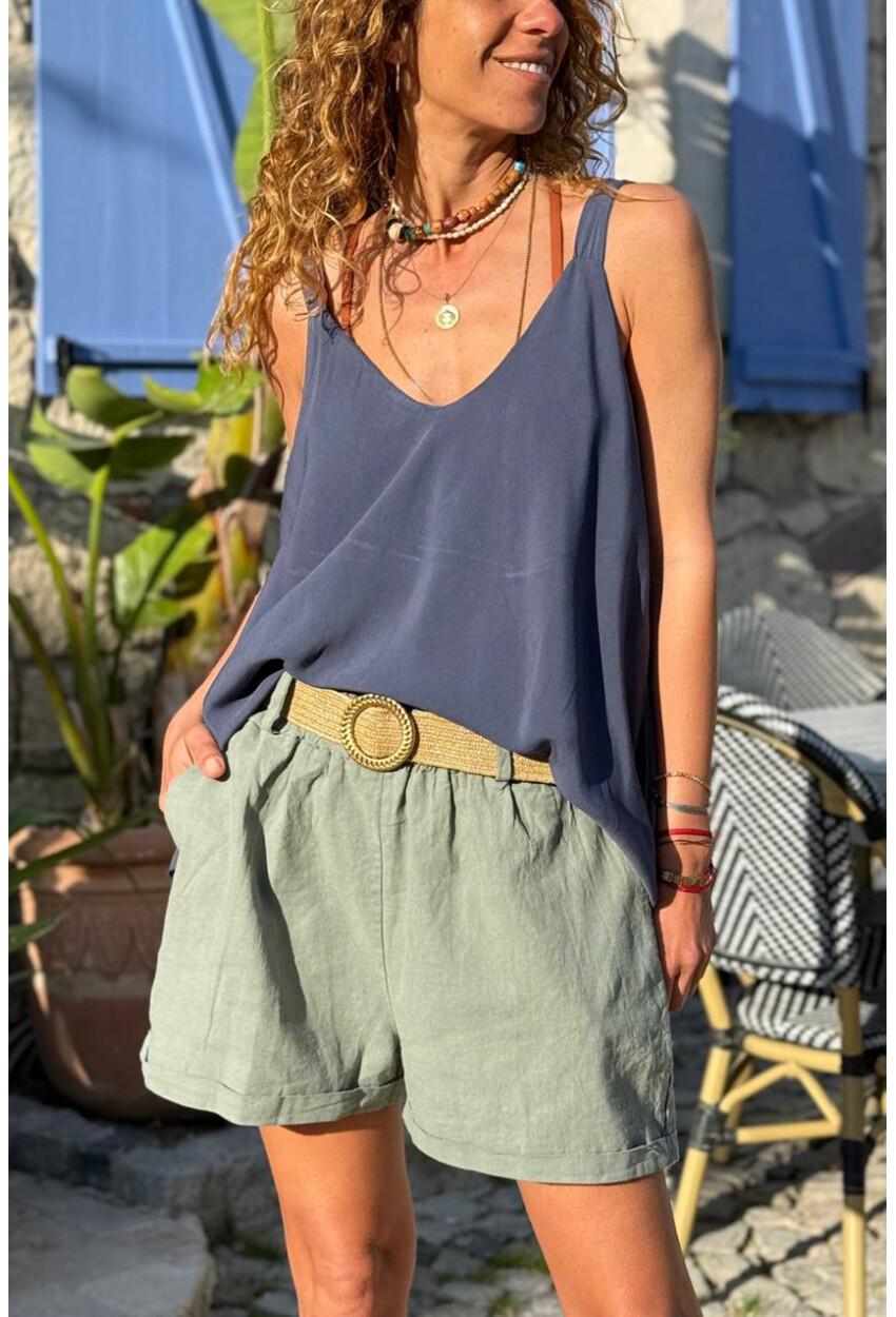 İtalyan Lacivert Askılı Yumuşak Dokulu A-Form Fit Salaş Dokuma Bluz 65 50