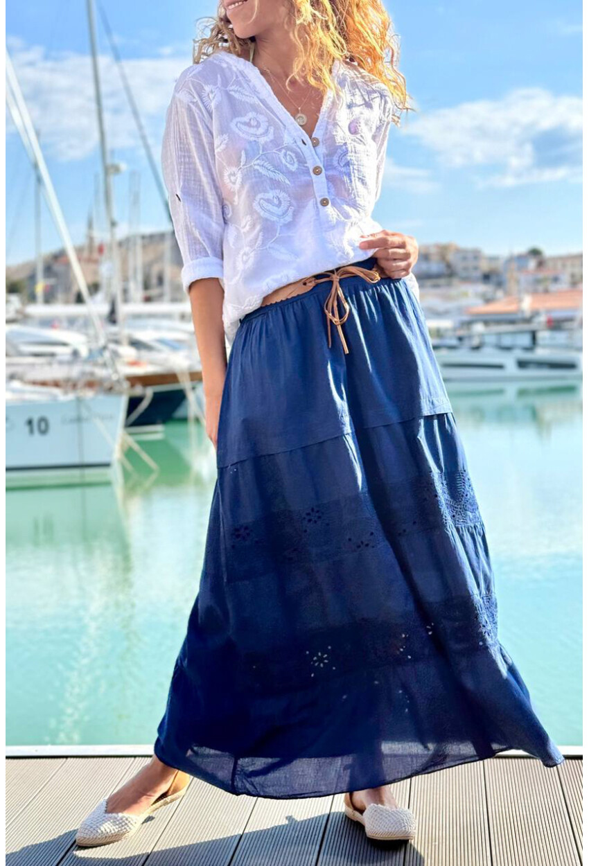 İtalyan Lacivert Astarlı Kemerli Brodeli Pamuklu Kiloş Dokuma Etek 90 35