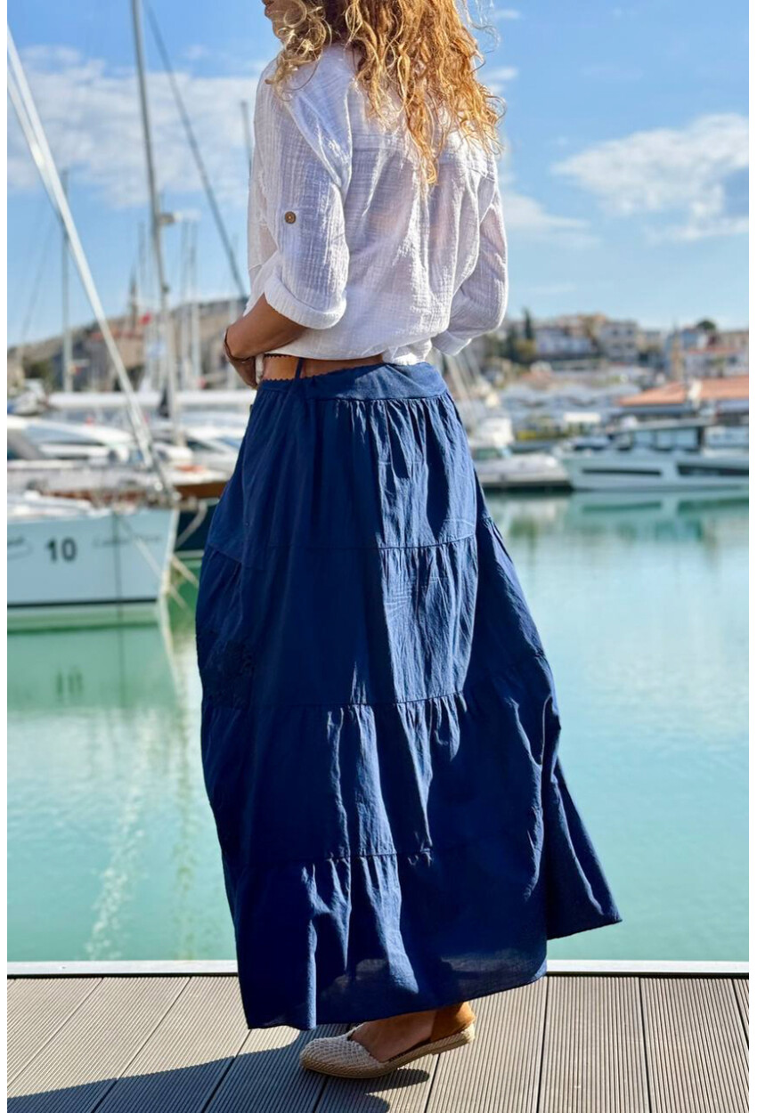 İtalyan Lacivert Astarlı Kemerli Brodeli Pamuklu Kiloş Dokuma Etek 90 35