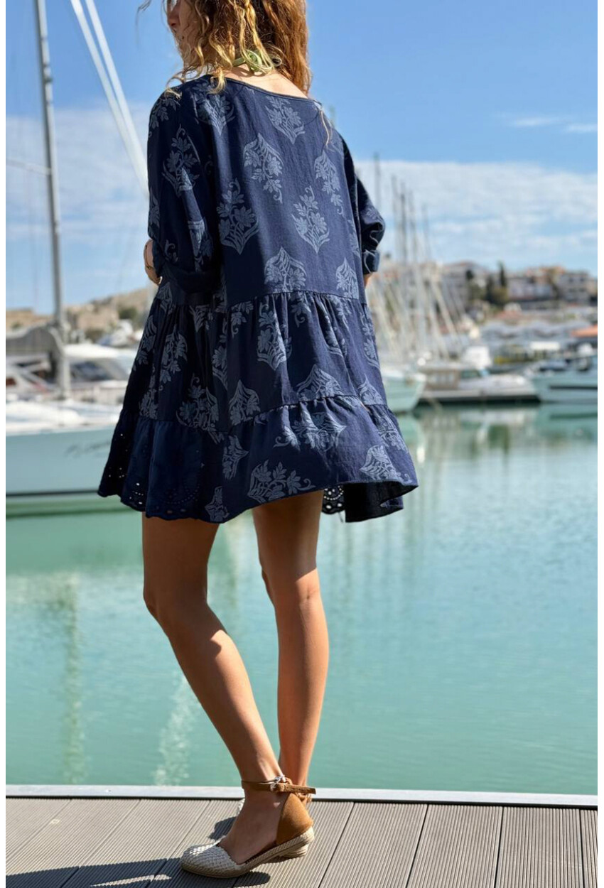 İtalyan Lacivert Bağlamalı Yaka Etnik Desenli Eteği Fırfırlı Pamuklu Salaş Dokuma Elbise 80 55