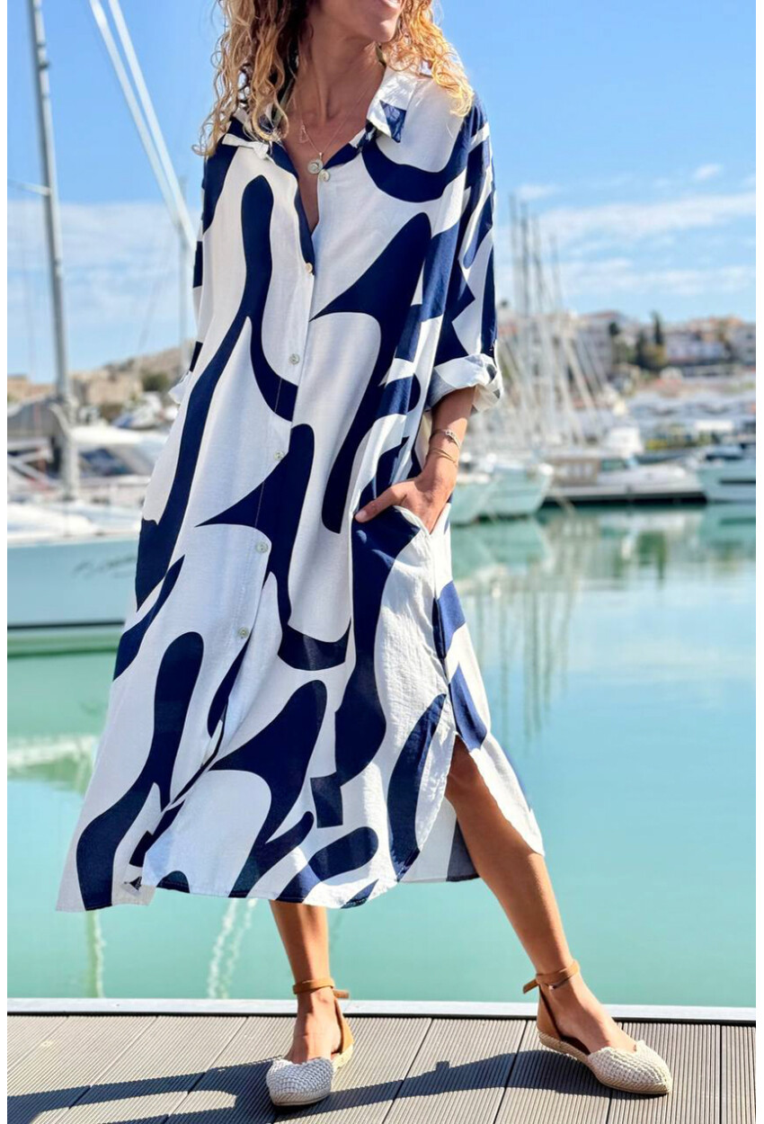 İtalyan Lacivert-Beyaz Geometrik Desenli Cepli Pamuklu Salaş Dokuma Gömlek Elbise 110 60
