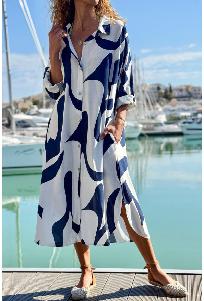 İtalyan Lacivert-Beyaz Geometrik Desenli Cepli Pamuklu Salaş Dokuma Gömlek Elbise 110 60