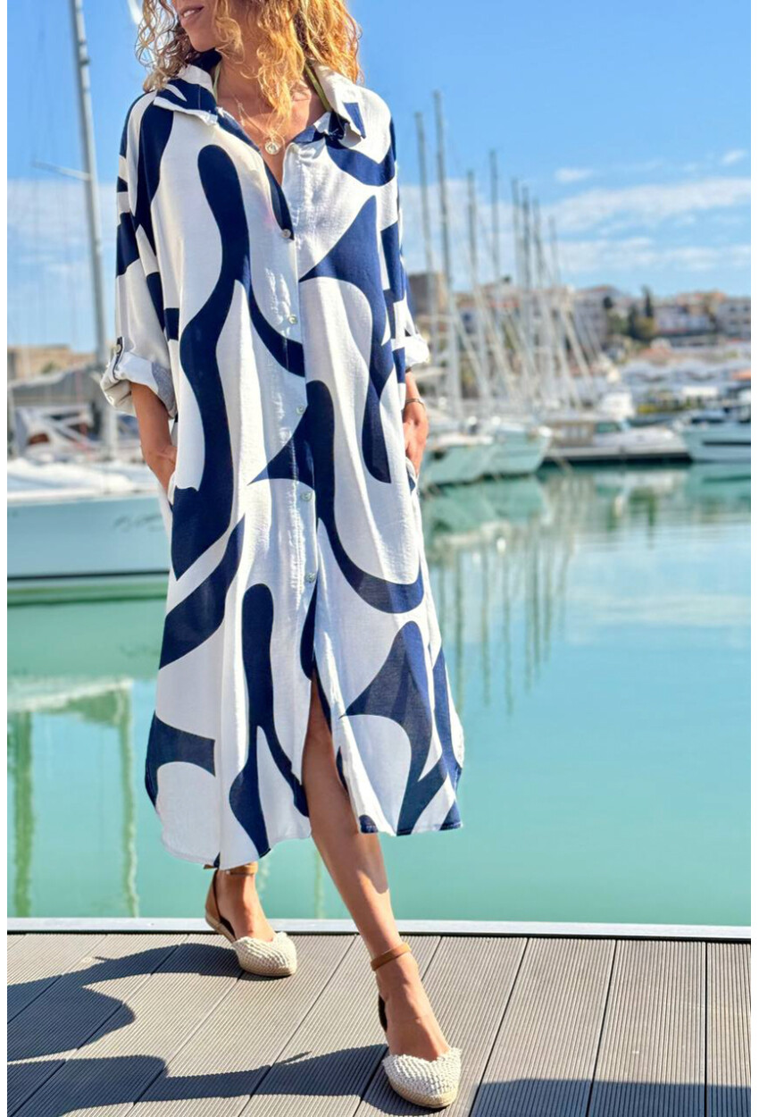 İtalyan Lacivert-Beyaz Geometrik Desenli Cepli Pamuklu Salaş Dokuma Gömlek Elbise 110 60