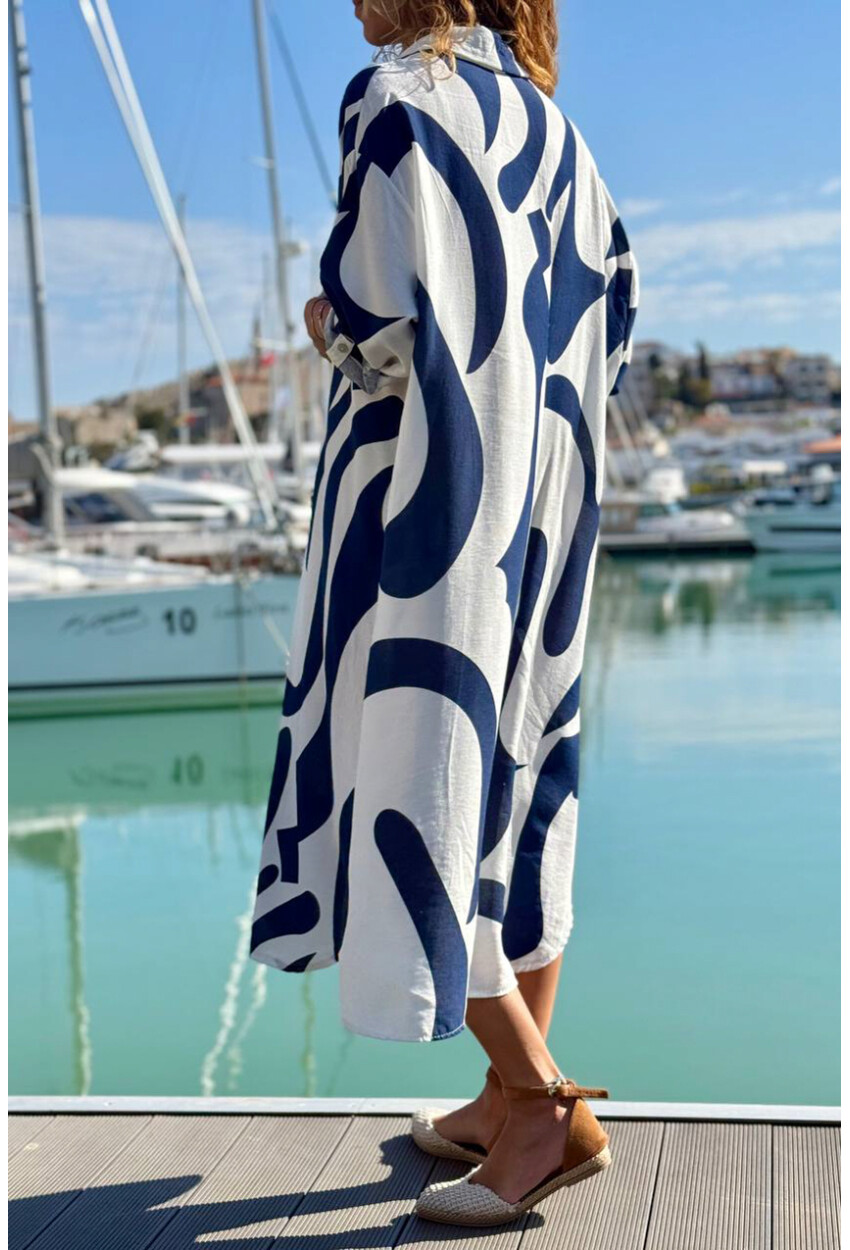 İtalyan Lacivert-Beyaz Geometrik Desenli Cepli Pamuklu Salaş Dokuma Gömlek Elbise 110 60